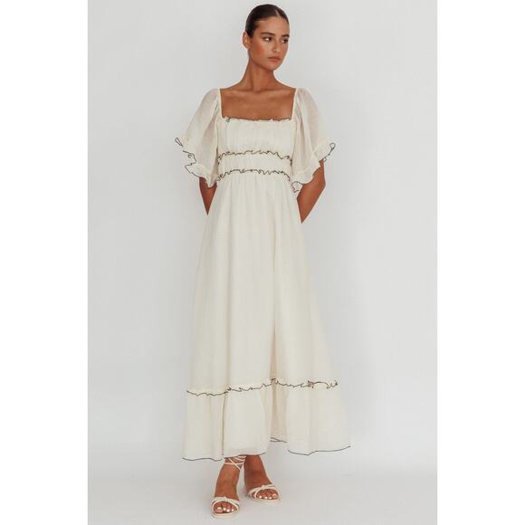 INDIKAH Cream Kathlene Flutter Sleeves Maxi Prairie Boho Dress $110 PLUS XXL NWT - Picture 13 of 16